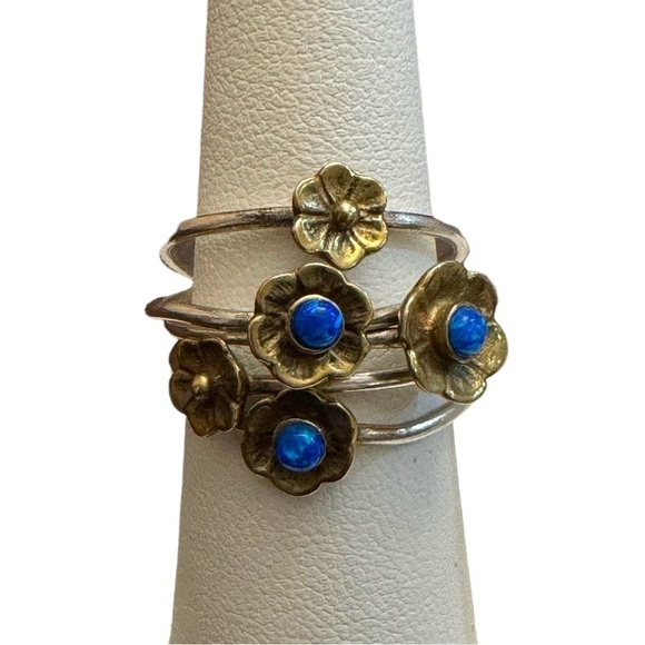 Beautiful 925 Sterling Silver Flower Lapis Two Tone Multi-Ring (5) - Picture 2 of 9